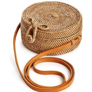 Boho handmade rattan wicker waven round handbag purse